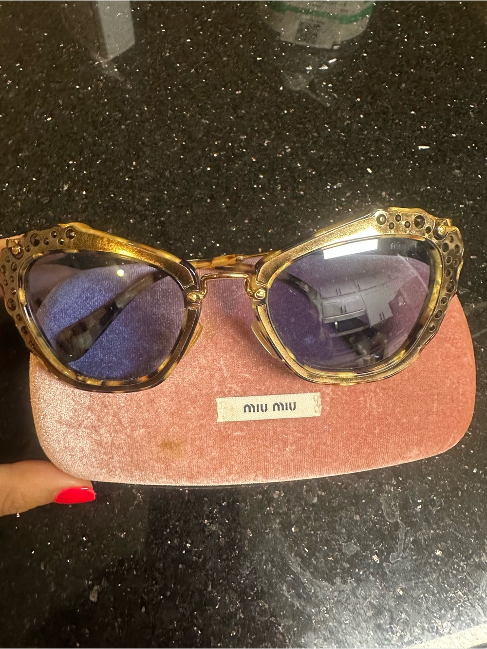 Miu Miu Gold Tortoiseshell Frame Sunglasses with Purple Lenses